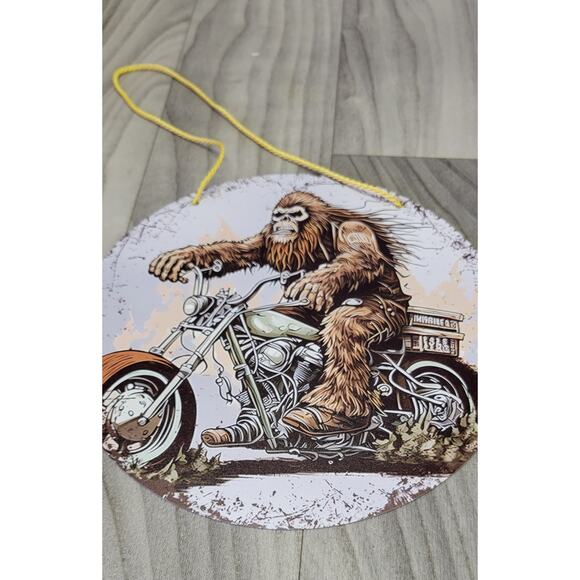 Metal Circle Door Hang With Sasquash Riding a Motorcycle - Picture 2 of 3